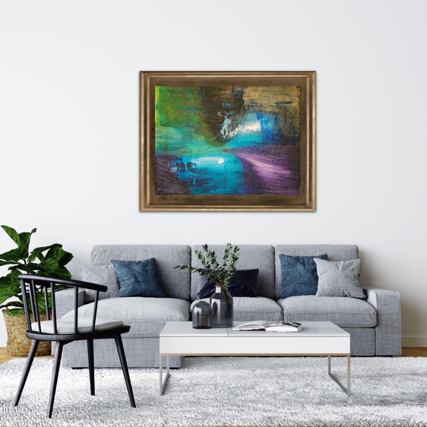 Mysterious Shades – Abstract art poster in black, purple, gold and blue