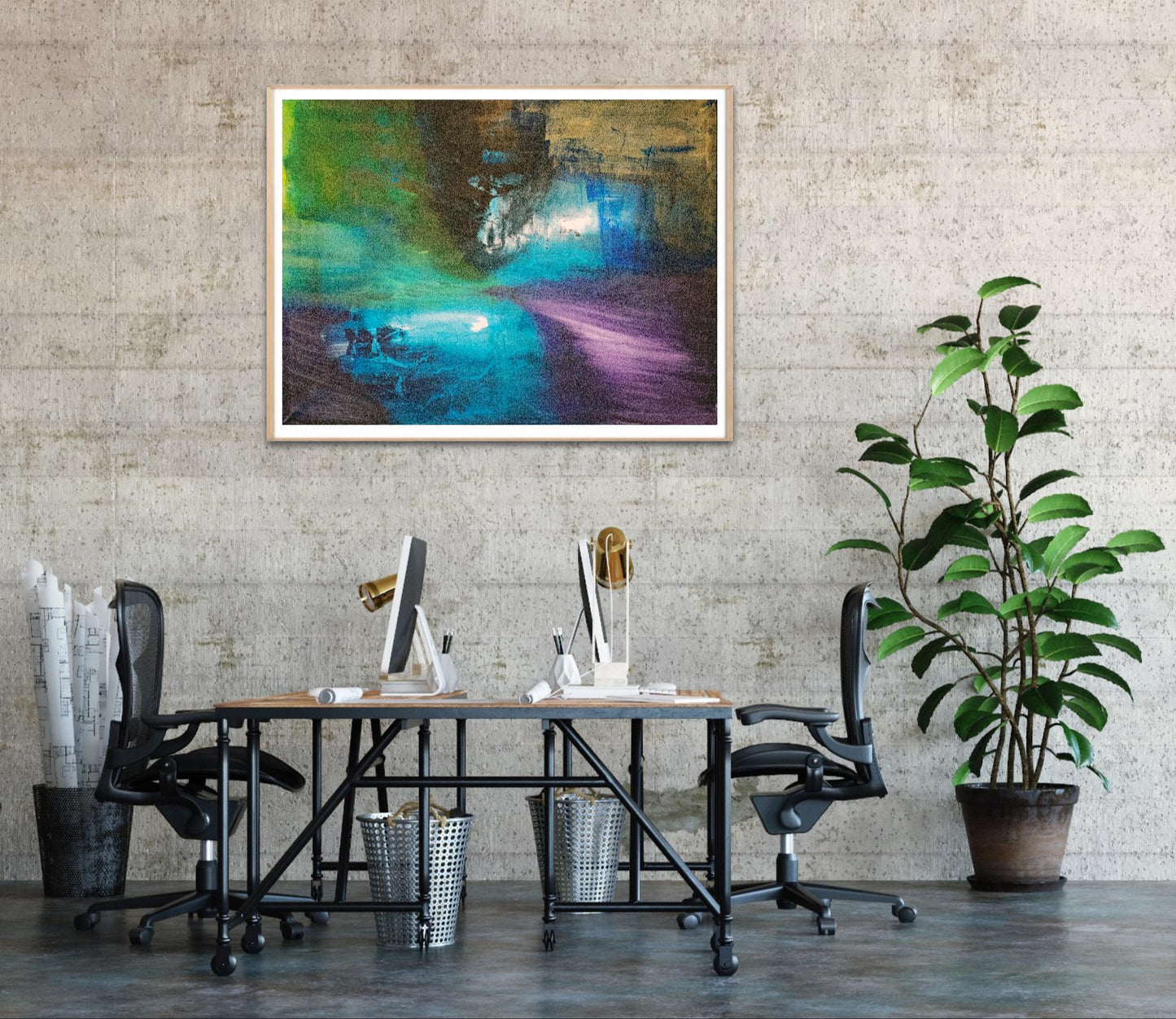 Mysterious Shades – Abstract art poster in black, purple, gold and blue
