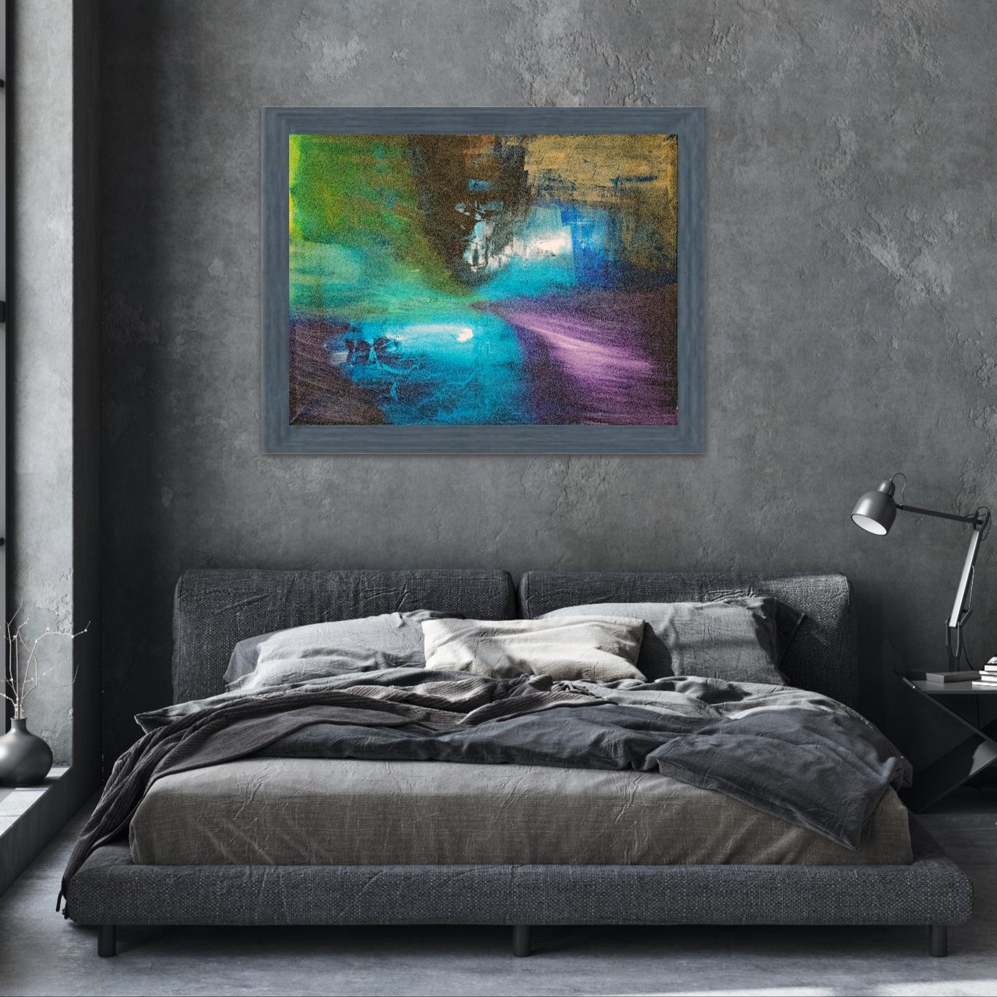 Mysterious Shades – Abstract art poster in black, purple, gold and blue
