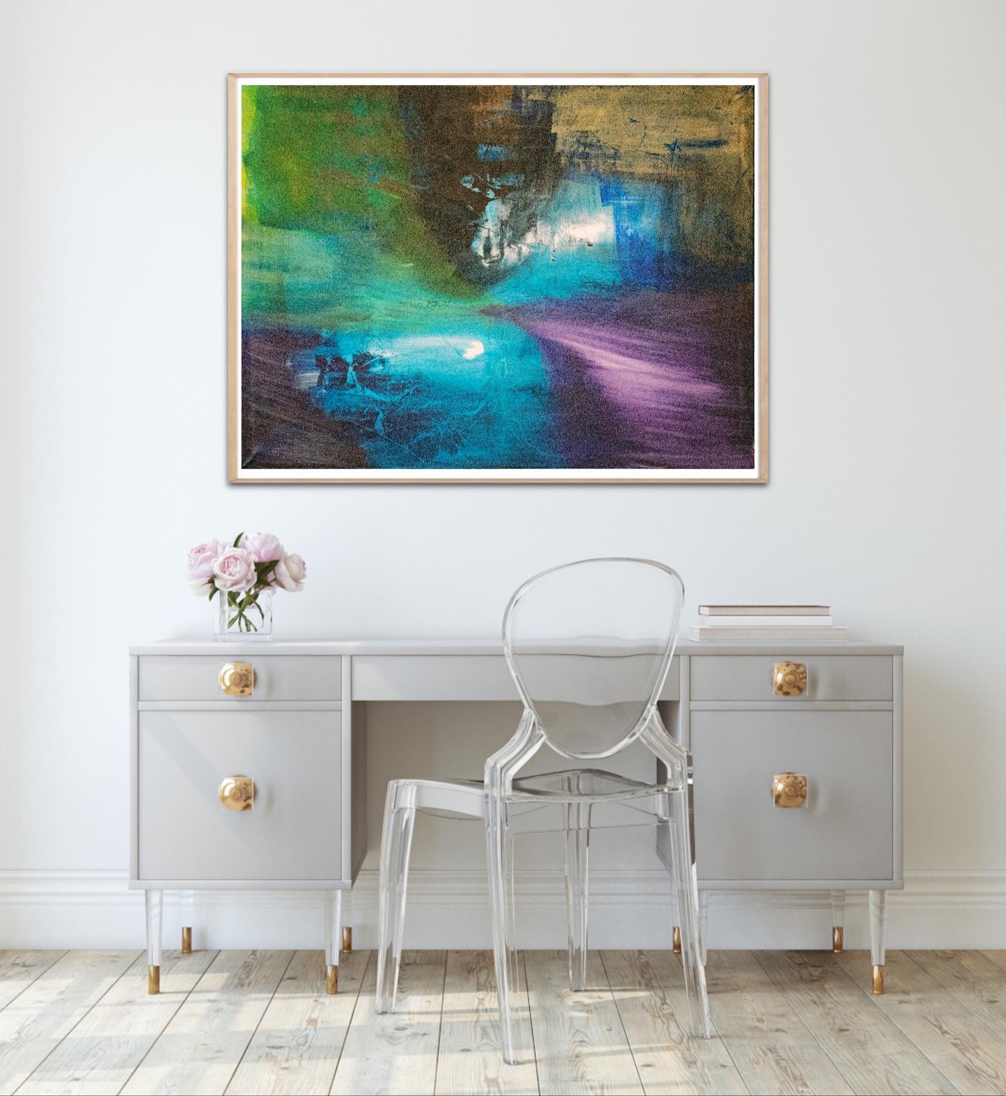 Mysterious Shades – Abstract art poster in black, purple, gold and blue