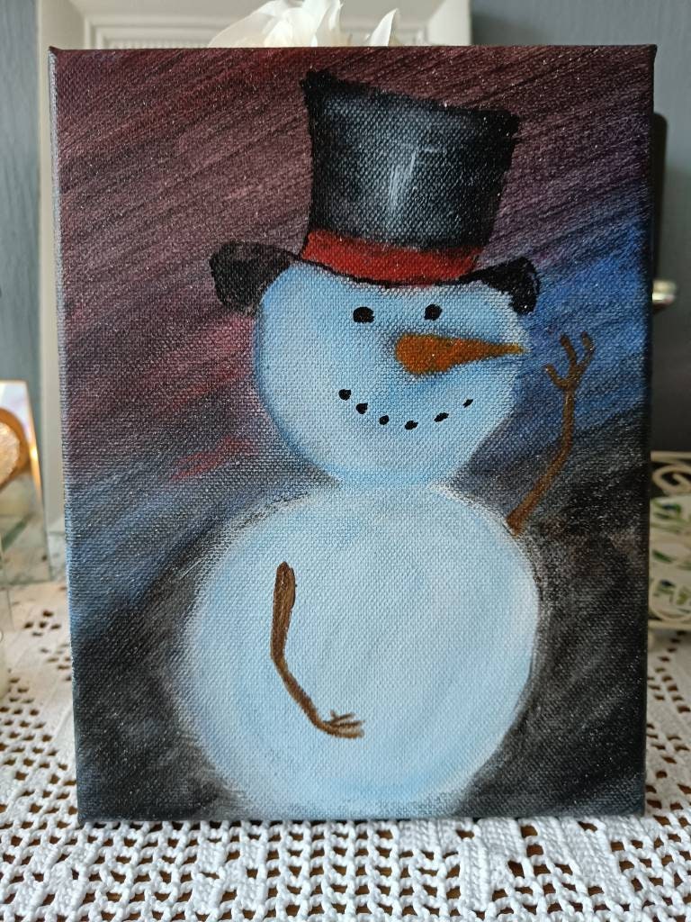 Snowman Original Painting - Winter Night Sky Art