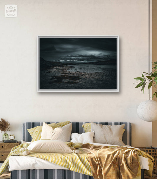 Dark and dramatic coast - Poster with rocky beach and clouds