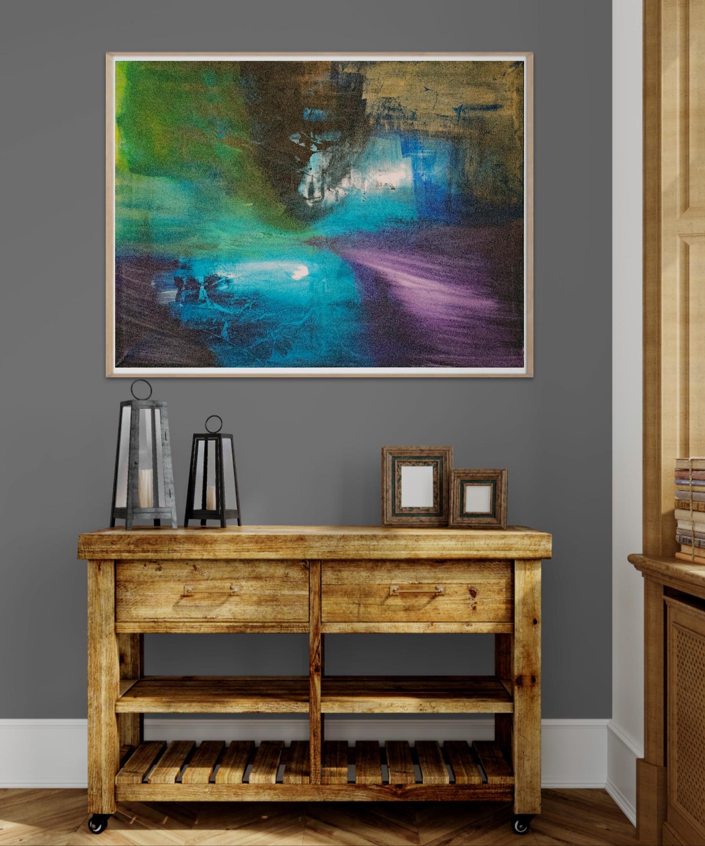 Mysterious Shades – Abstract art poster in black, purple, gold and blue