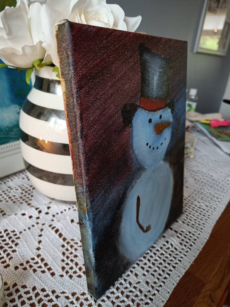 Snowman Original Painting - Winter Night Sky Art
