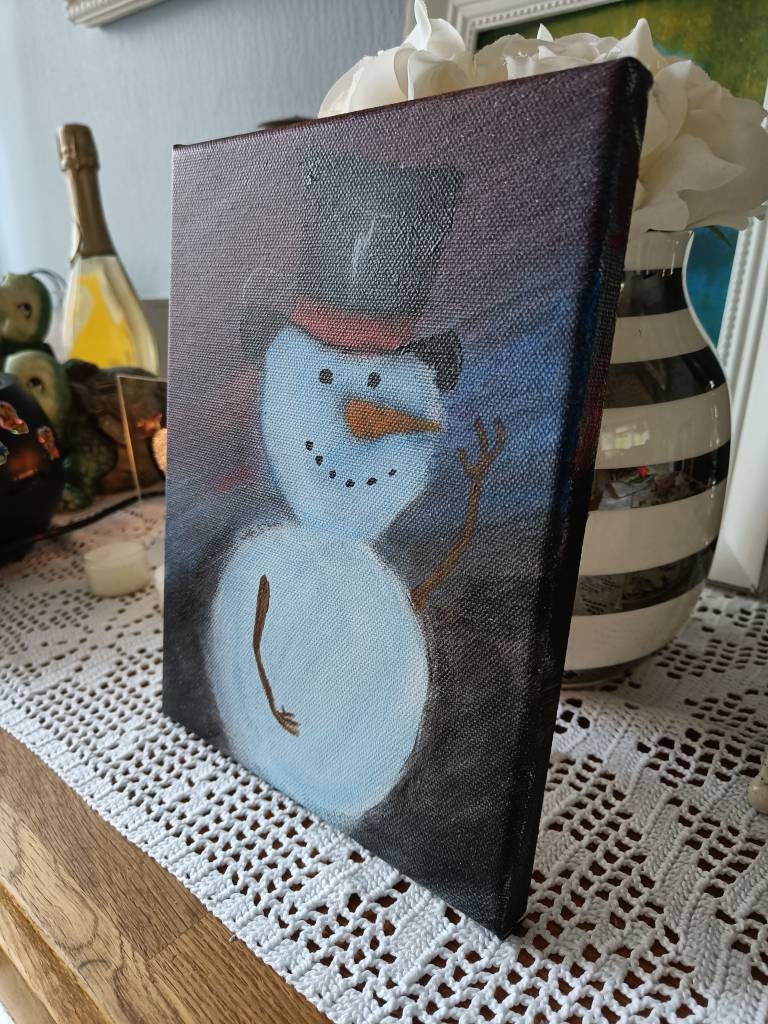 Snowman Original Painting - Winter Night Sky Art