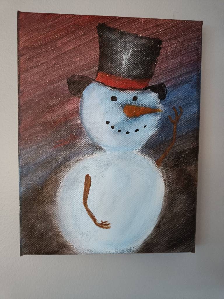 Snowman Original Painting - Winter Night Sky Art