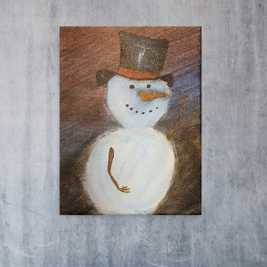 Snowman Original Painting - Winter Night Sky Art
